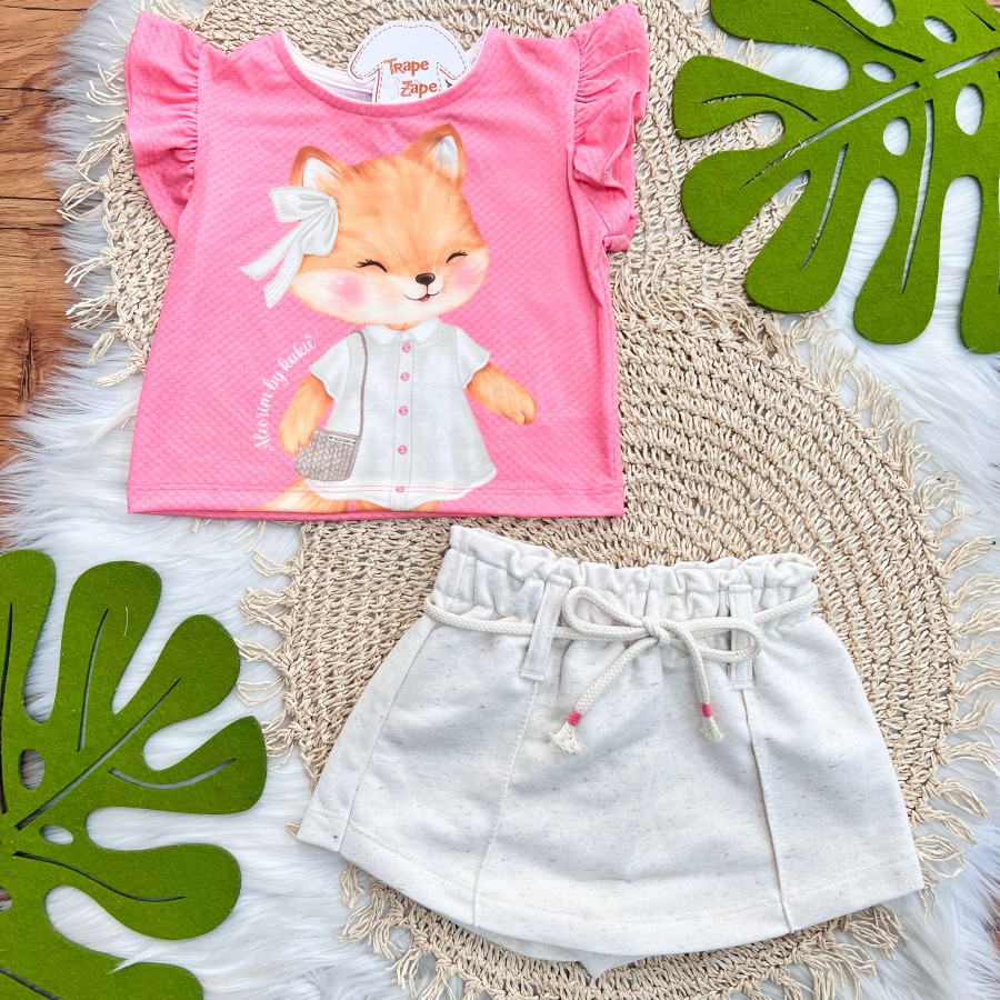  Conj. Blusa Raposinha e Short Saia em Linho - Rosa e Areia